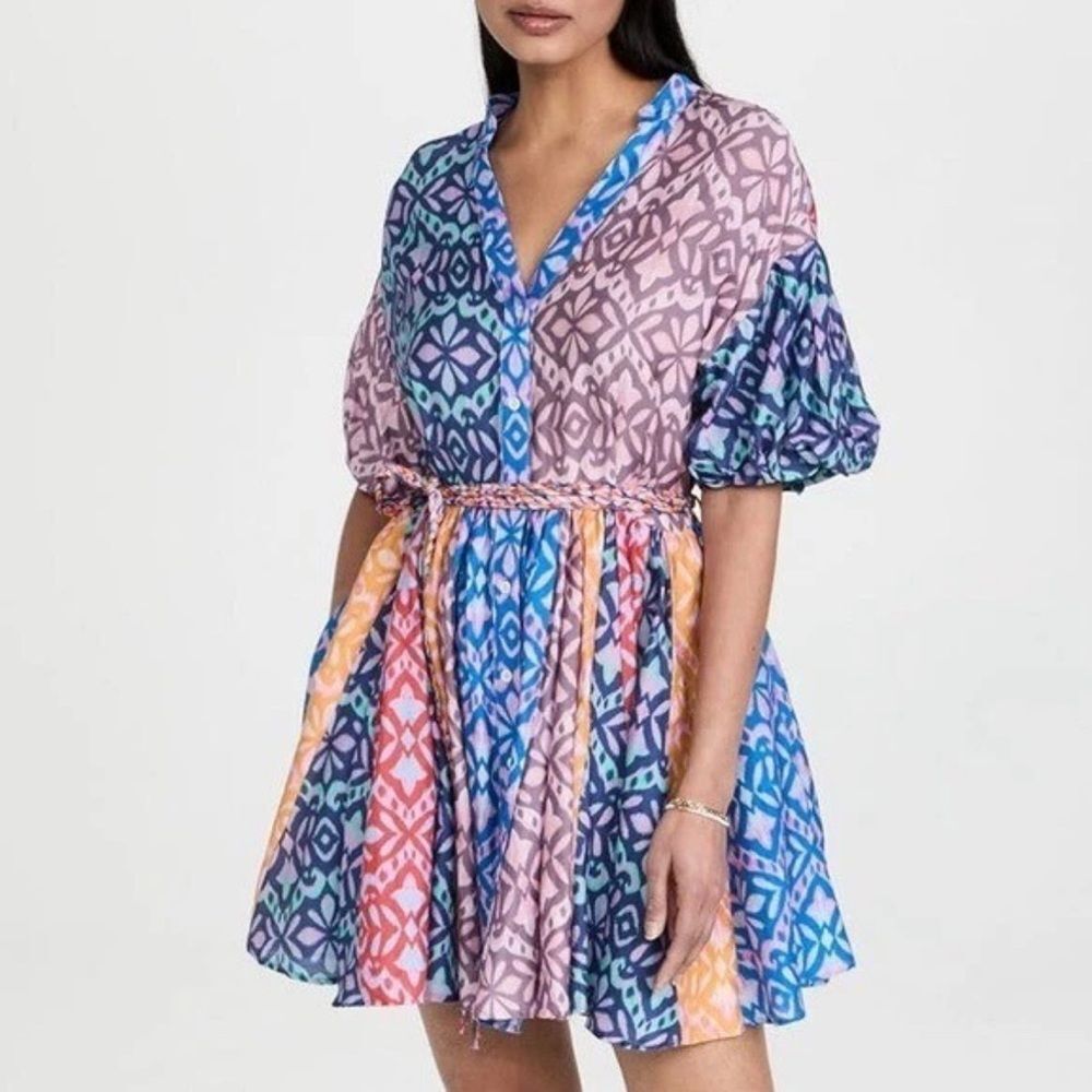 XiRENA Lenna Fiesta Cotton Silk Ikat Mini Dress Belted Puff Sleeve M